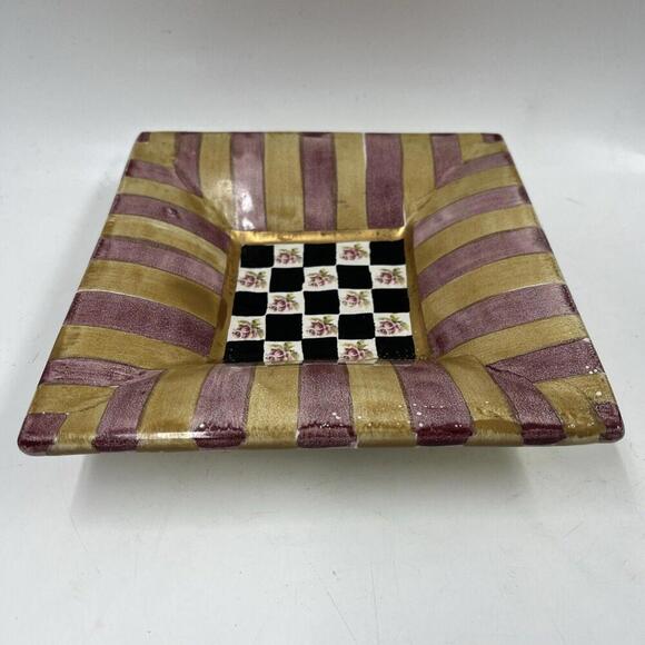 MacKenzie Childs Square Trinket Dish 6.5"x6.5" - Stripes and Checkers Floral - Picture 1 of 5